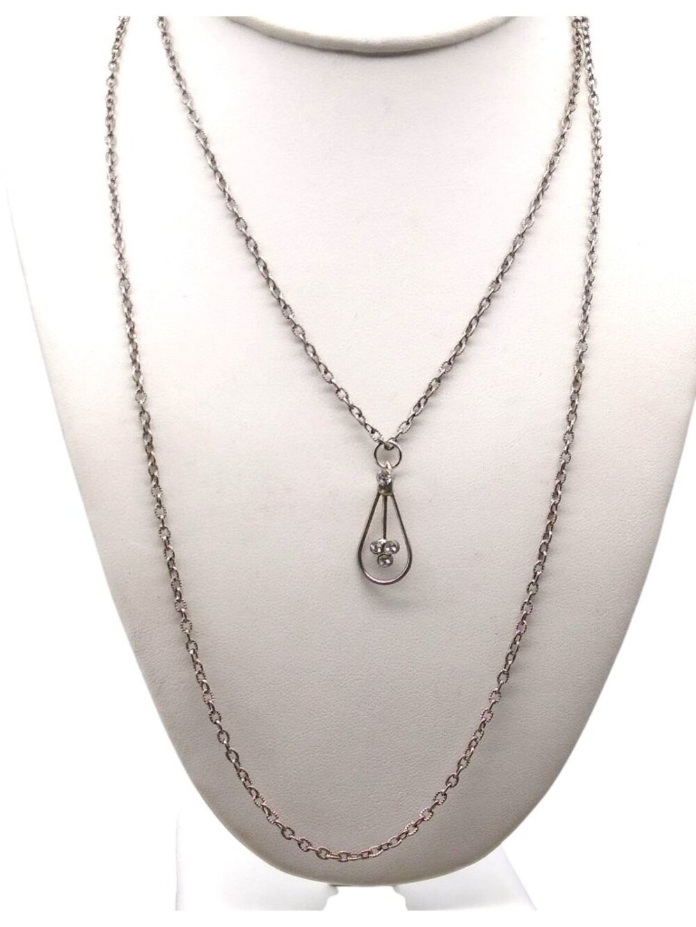 Vintage Double Strand Chain Necklace with Crystal Teardrop Pendant, Silver Tone